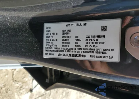 2022 Tesla Model 3 из США, поврежденный, VIN 5YJ3E1EB6NF350918